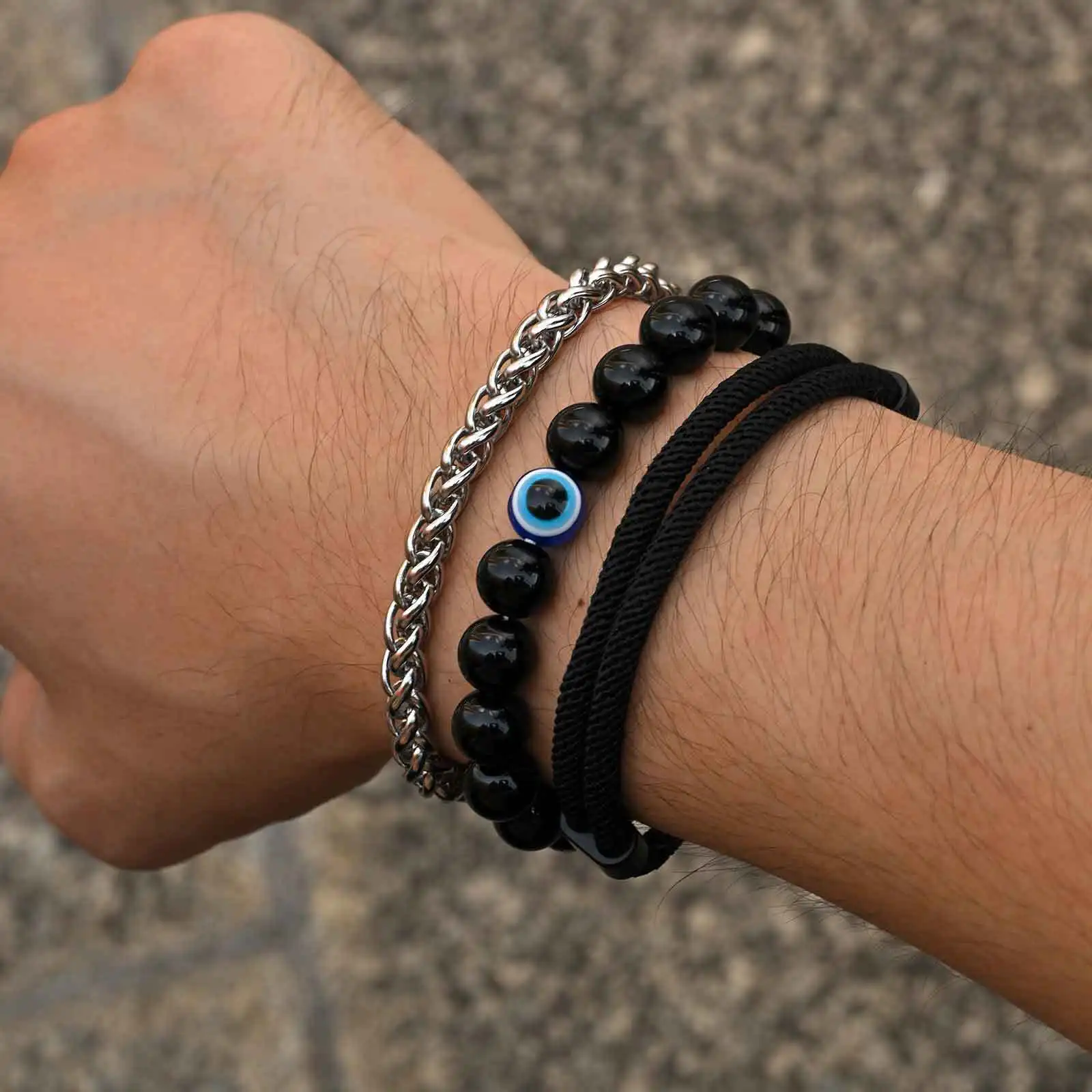 3 قطع سوار رجالي أنيق، سوار معصم قابل للتعديل بحبل أسود اللون، سوار مطرز على شكل عين الشيطان التركية #1