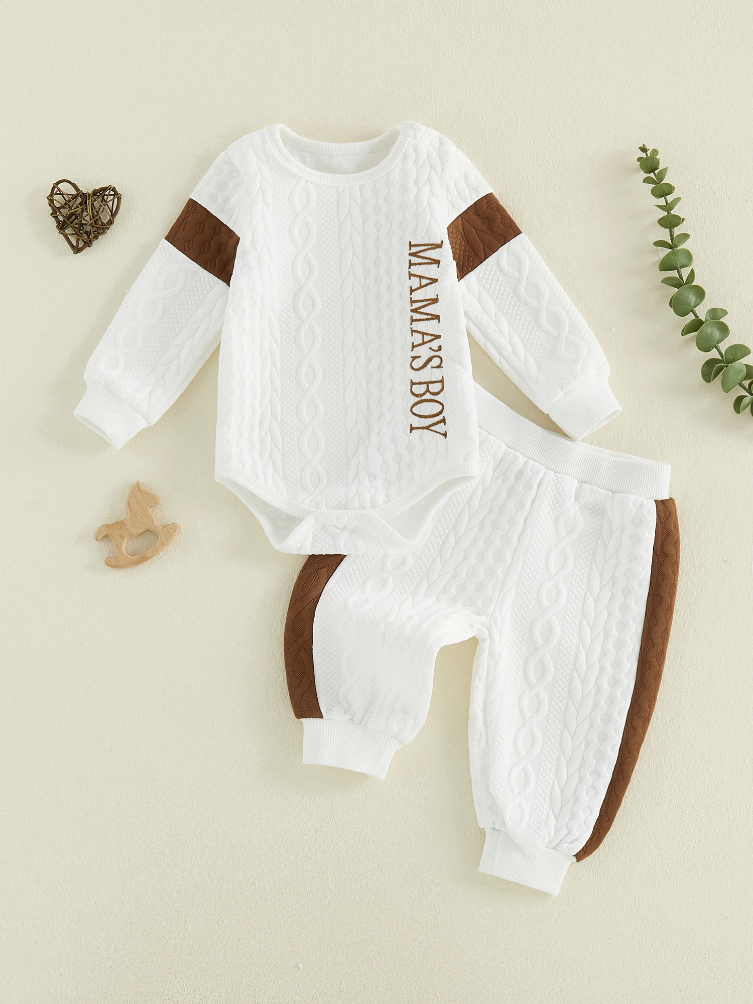 

Toddler Boy s Stylish Autumn Winter Ensemble Cozy Long Sleeve Cable Knit Romper with Embroidered Letters and Matching Pants