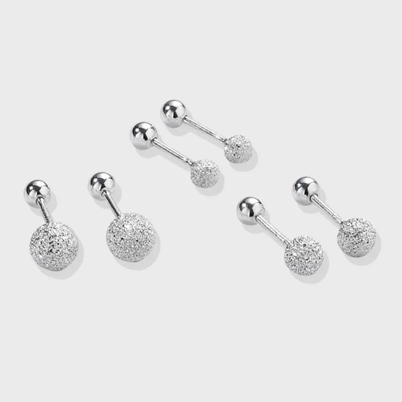 925 Sterling Silver Round Bead Double Stud Earrings for Girls Simple Screw Scrub Ball Female Earring Wedding Luxury Jewelry Gift