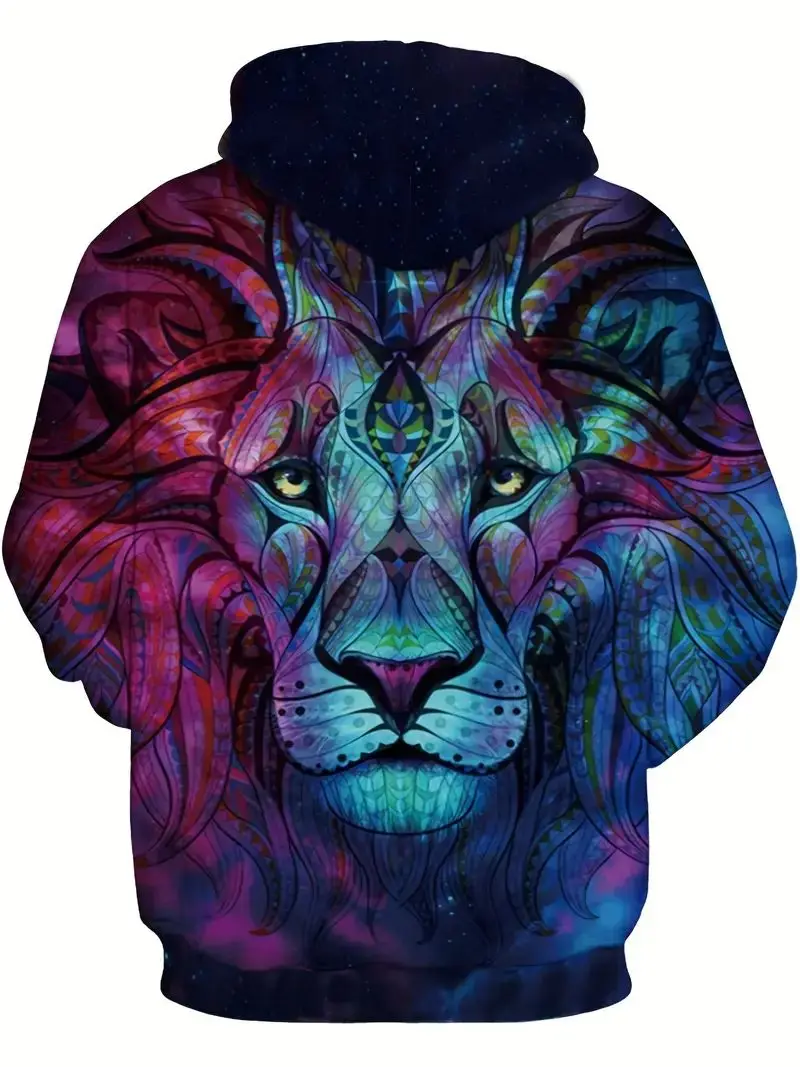 Hoodies For Men, Lion Print Hoodie, Men’s Casual Pullover Hooded Sweatshirt With Kangaroo Pocket For Spring Fall 2023, As Gifts