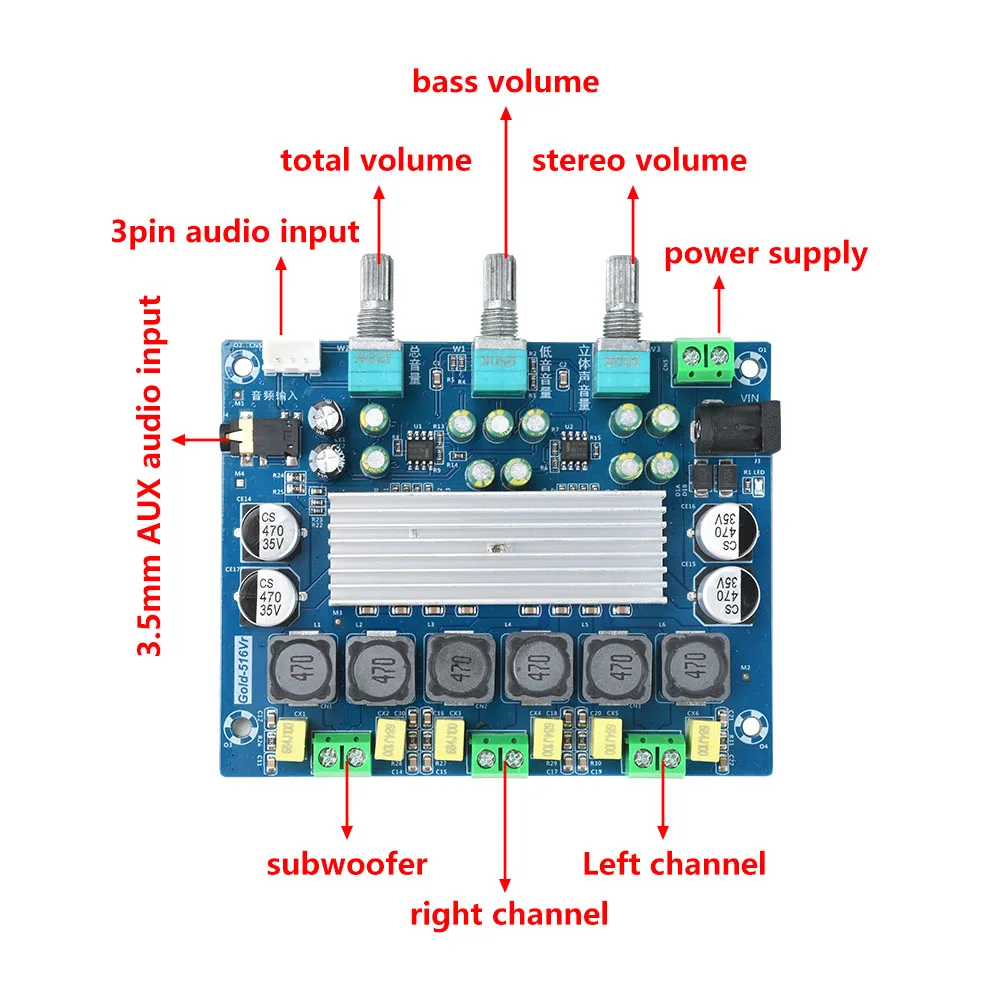 50W * 2 + 100W Scheda amplificatore audio stereo a doppio canale TPA3116D Classe D Amplificatori audio digitali a 2.1 canali Modulo AMP DC 8-24V