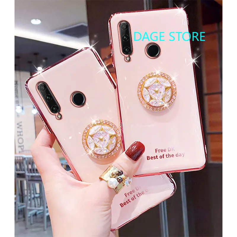 For Huawei Y6p Electroplated Case Bling Crystal Holder Cover Soft TPU Back Cover