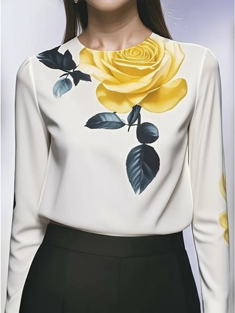 

Bonboho 2025 Women's Rose Print Long Sleeves T-shirt Round Neck Loose Fit Casual Blouse & Shirt for Women Autumn Elegant Tops
