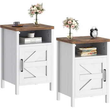 Image Farmhouse Nightstand, Modern Bedside Table Set of 2 with Barn Door and Shelf, Rustic End Table Side Table for Bedroom