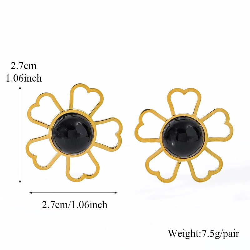 EILIECK 316L Edelstahl Großer Schwarzer Stein Blumen-Halskette Ohrringe Set für Damen Neues Party-Geschenk Wasserdichtes Schmuckset – Detail 4
