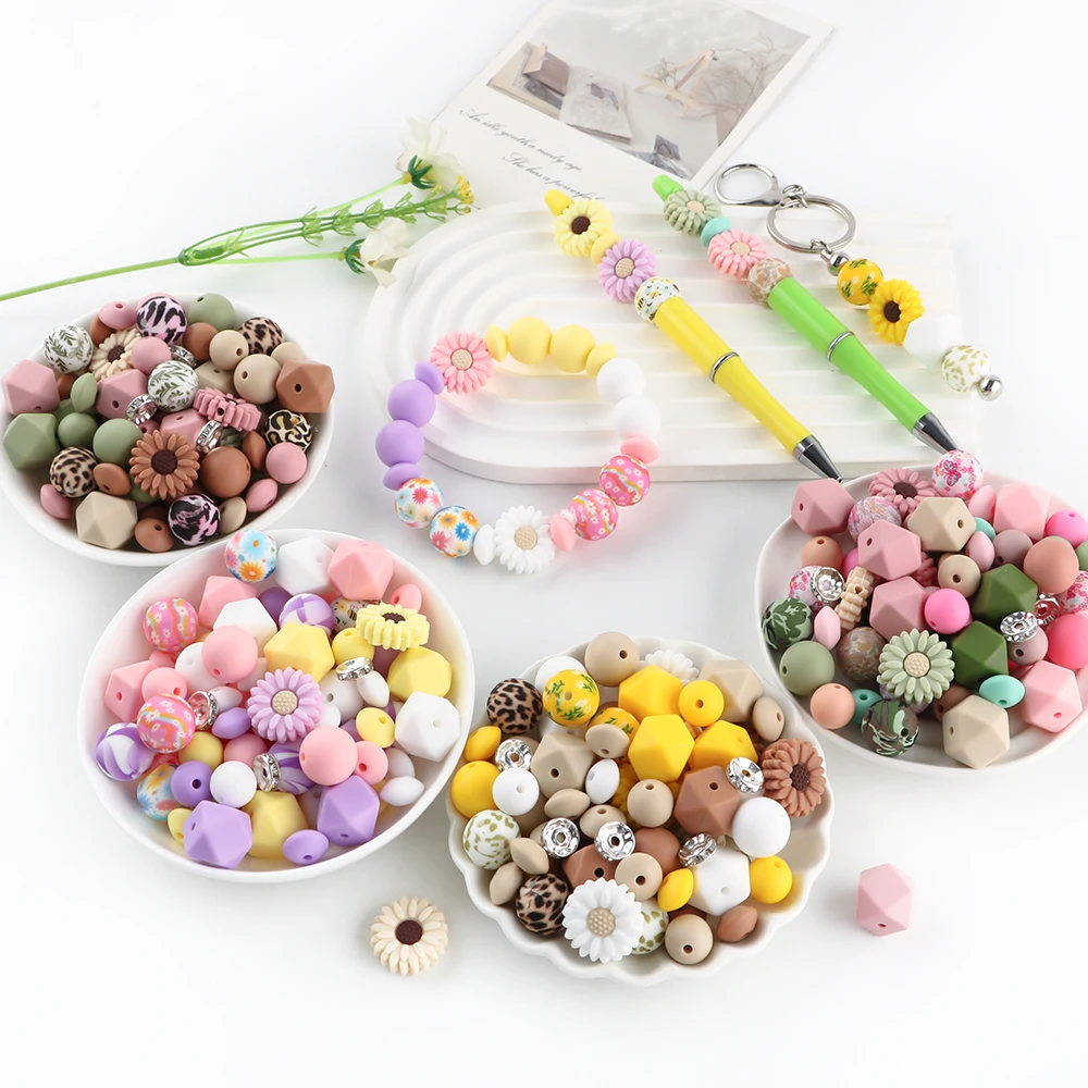 

136pcs/Lot Boxed Silicone Hexagonal/Round Beads/Sunflower Set For DIY Jewelry Bracelet Necklace Keychain Handmade Accessories
