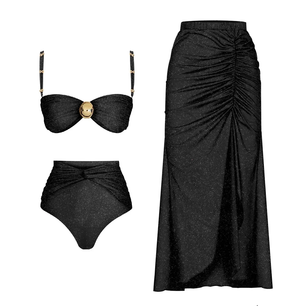 2024 New Solid High Waist Bikini Set With Skirt Push Up Swimsuit For Women Halter Three Pieces Swimwear Beachwear Sexy biquini