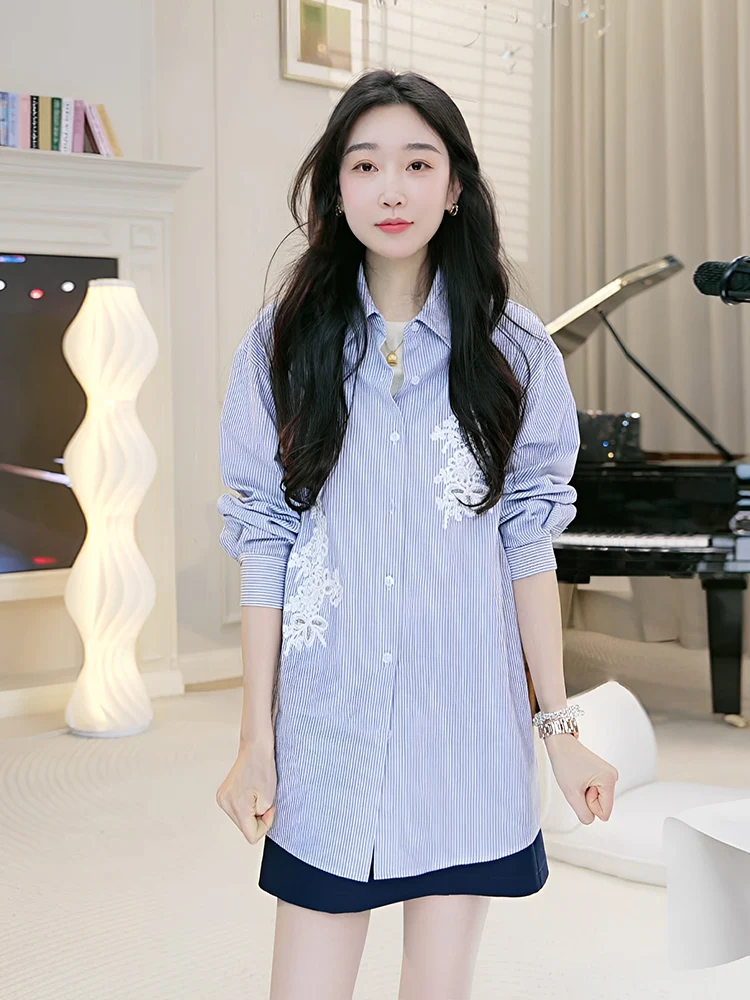 

OUDOCKEE Blue Striped Long Sleeve Embroidered Shirt Jacket Women's Spring 2026 New Design Elegant Top Cotton Commute Style