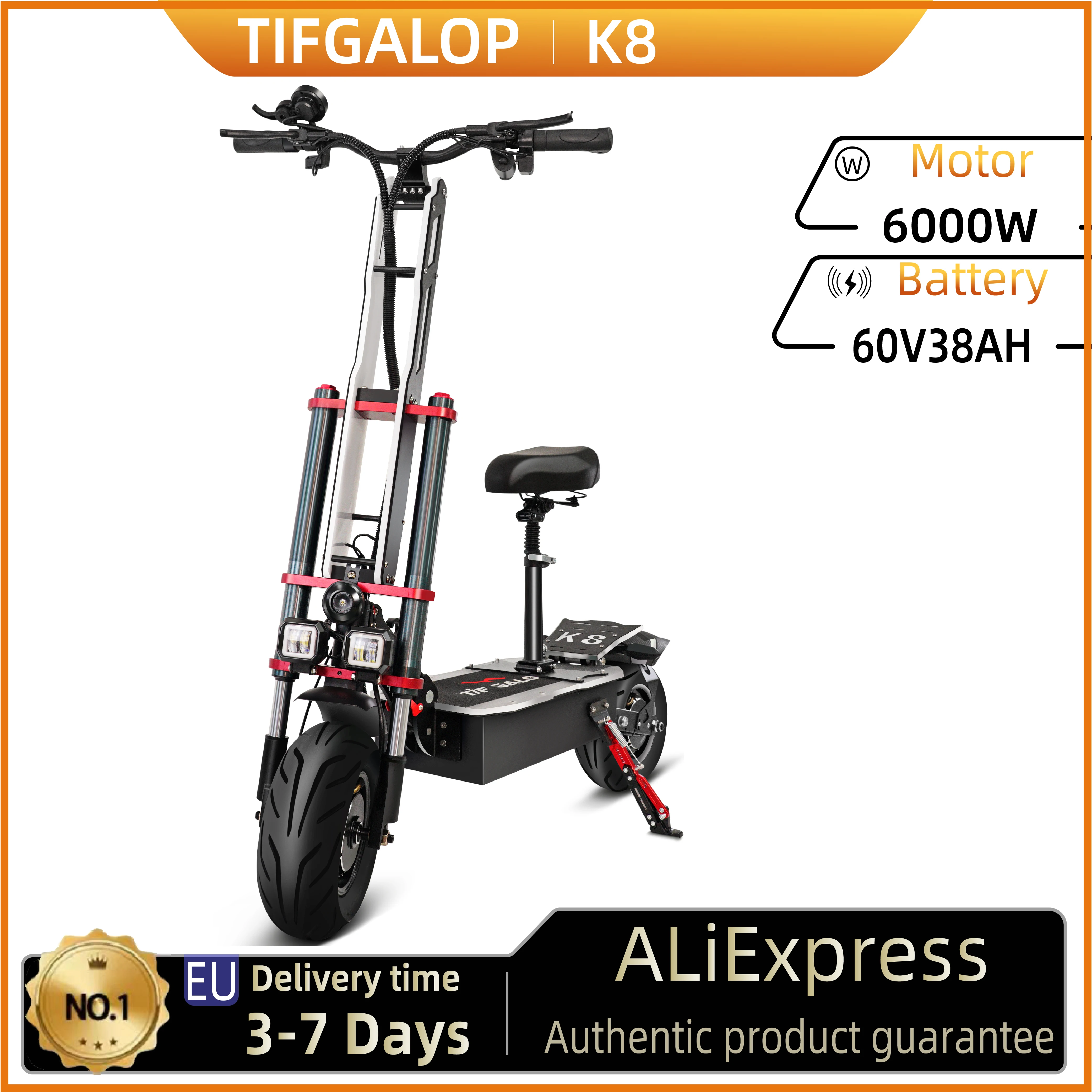 TIFGALOP K8 38 Ah 6000 W 60 V Höchstgeschwindigkeit 100–110 km/h Ölbremse 12-Zoll-Elektroroller 250