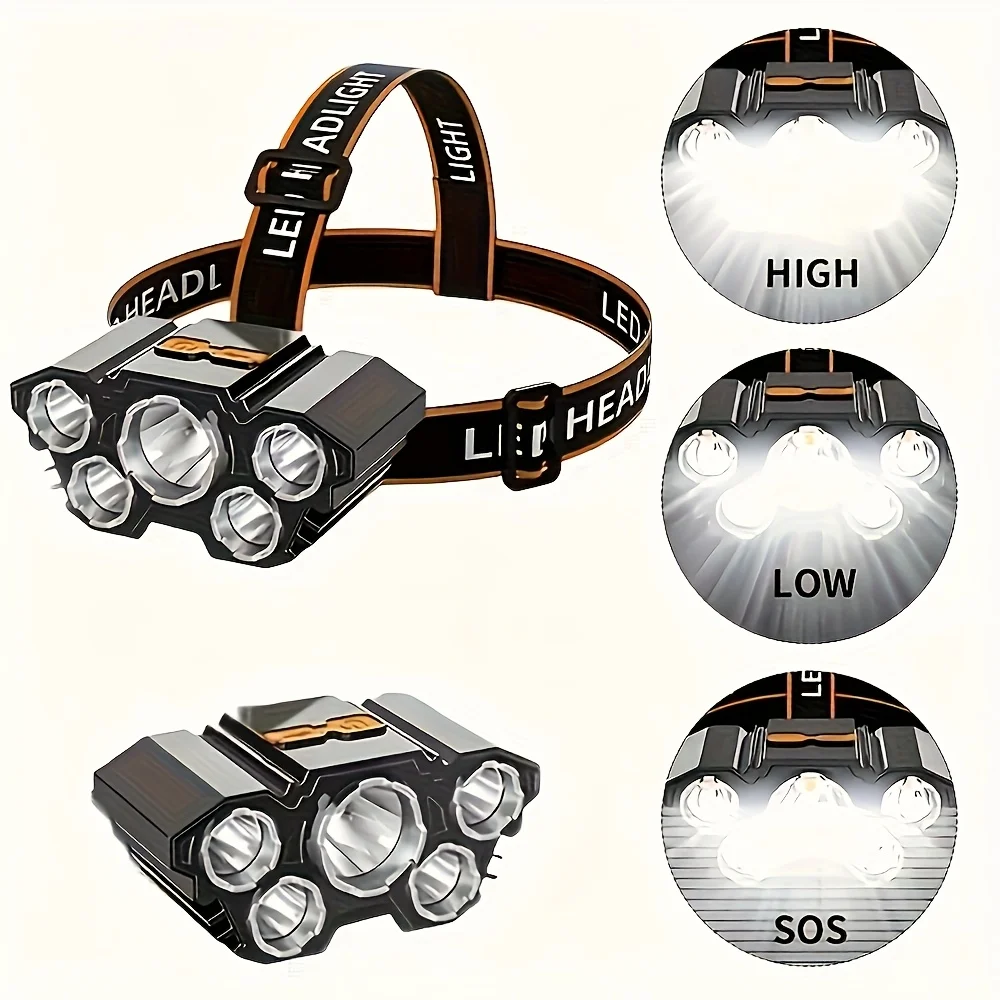 Перезаряжаемый налобный фонарь, 5 сверхярких светодиодов, легкий налобный фонарь с USB-аккумулятором, 3 режима