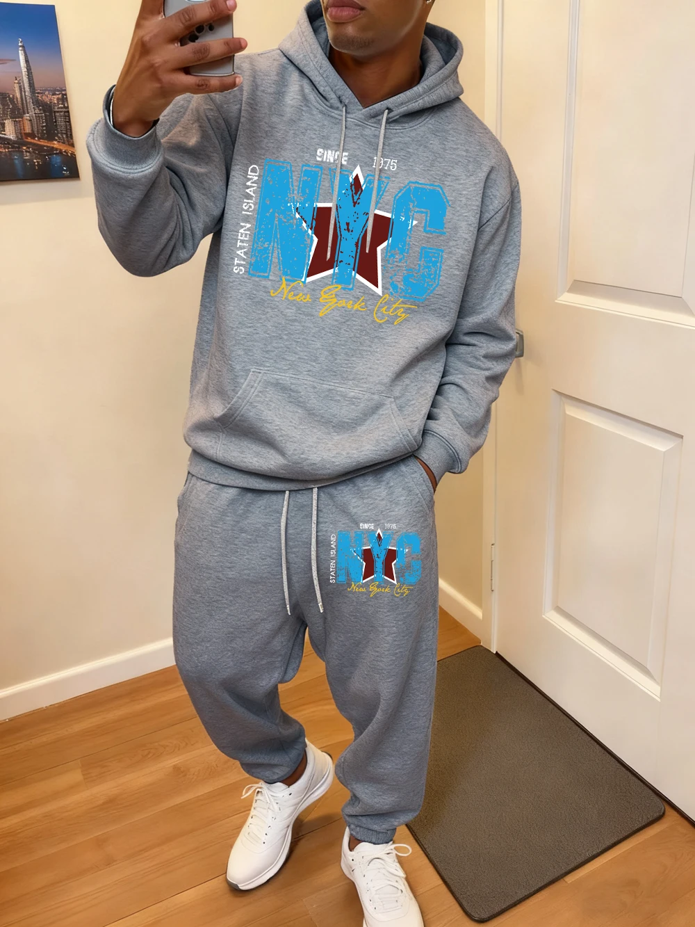 

Комплект из 2 предметов с капюшоном, мужские спортивные штаны с принтом Нью-Йорка, город, Staten Island, повседневные свободные спортивные штаны с карманами, зимняя флисовая одежда