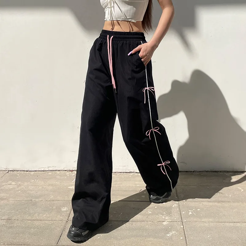 FANAN Amerikanischen Retro High Street Hip Hop Hosen Frau Harajuku Hohe Taille Rosa Schleife Breite Bein Hosen Gestreiften Lose Gerade Hosen
