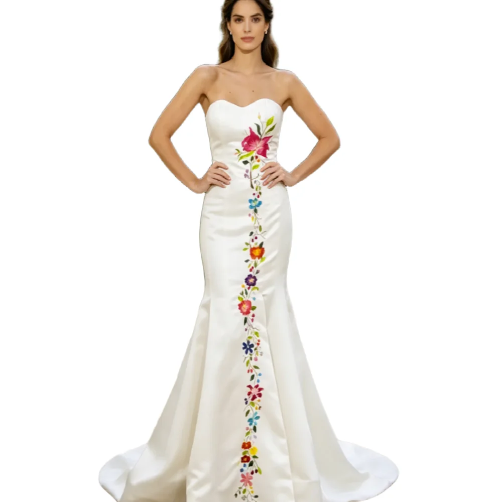 Colorful Floral Embroidery Mexican Wedding Dress Soft Satin Mermaid Boho Garden Bridal Gowns Floor Length Folkloric Engaement