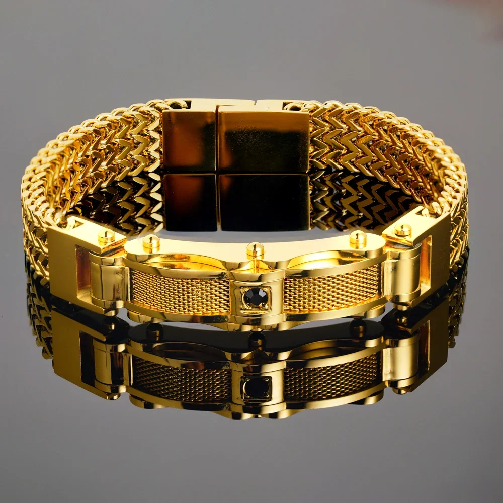 

Punk Stainless Steel Bracelet 21 Cm Franco Link Chain Inlaid With Large-Grained Zircon Magnet Clasp