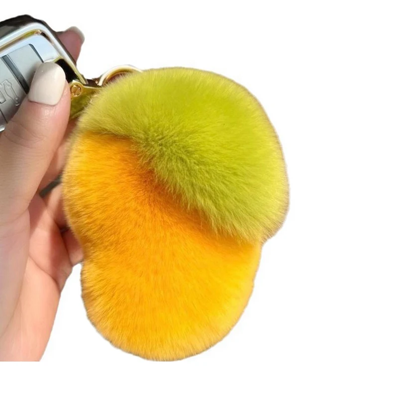 Cute Sweet Mango Real Rex Rabbit Fur Keychain Plush Ball Toy Women Bag Charm Ornaments Car Keyring Metal Ring Pendant Girls Gift