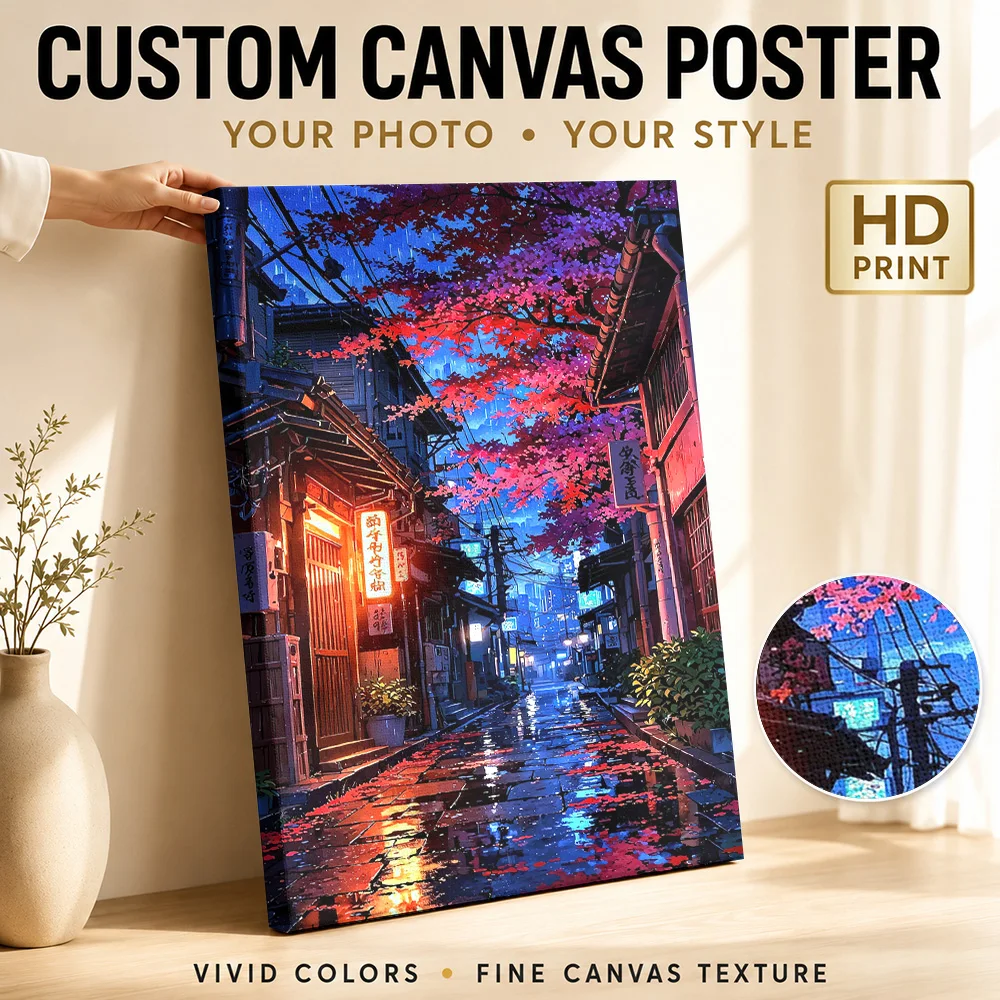 Rainy Japanese Cherry Blossom Street Wood Framed Canvas Print Personalized Photo Vivid Urban Night Scene Wall Art For Entryway
