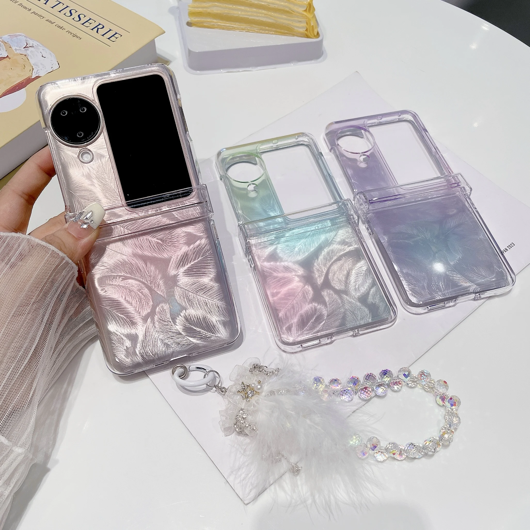 

Feather Paper Gradient with Bracelet Wristband Chain Hard Acrylic Shockproof Phone Case For OPPO Find N3 N2 Flip Back Cover