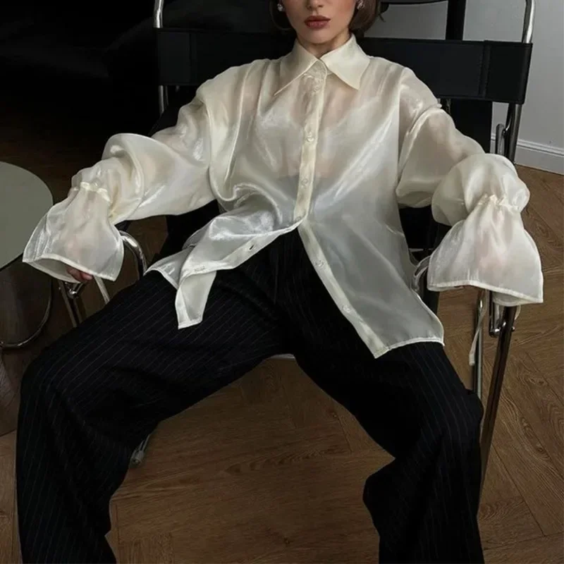 

Casual Shirt Women's Loose Solid See-through Long Sleeve Top Streetwear Single Breasted Patchwork Cardigan Women Shirt