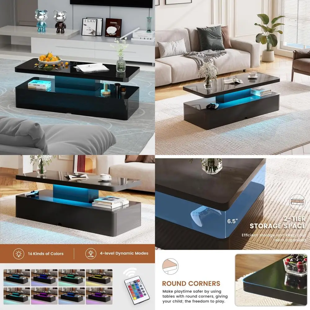 

Contemporary 2-Tier Rectangular Coffee Table with 16 LED Colors, High Gloss Wooden Storage Table for Living Room, Bedroom, or Ho