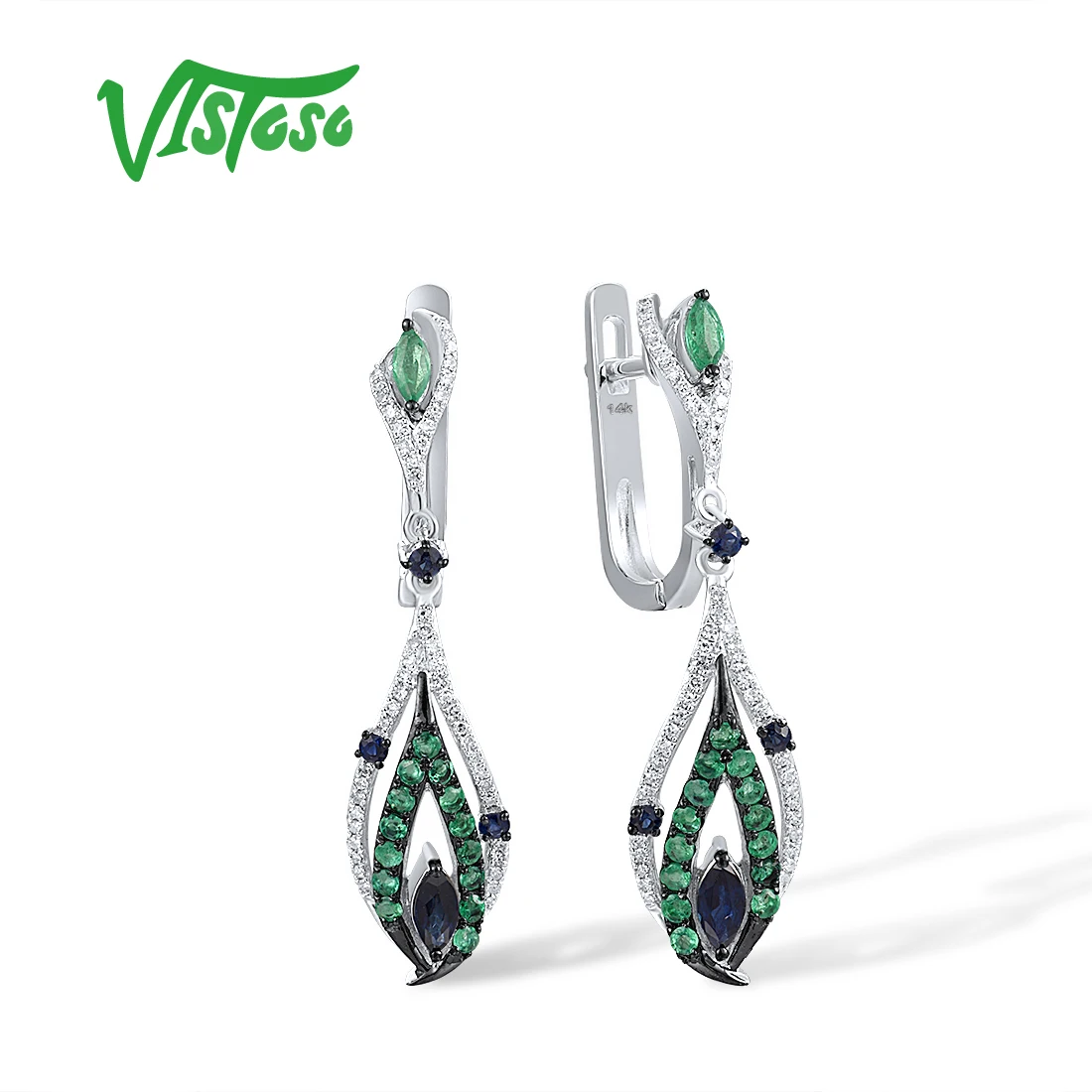 VISTOSO Gold Earrings For Women 14K 585 White Gold Emerald Blue Sapphire Sparkling Diamond Marquise Gorgeous Trendy Fine Jewelry