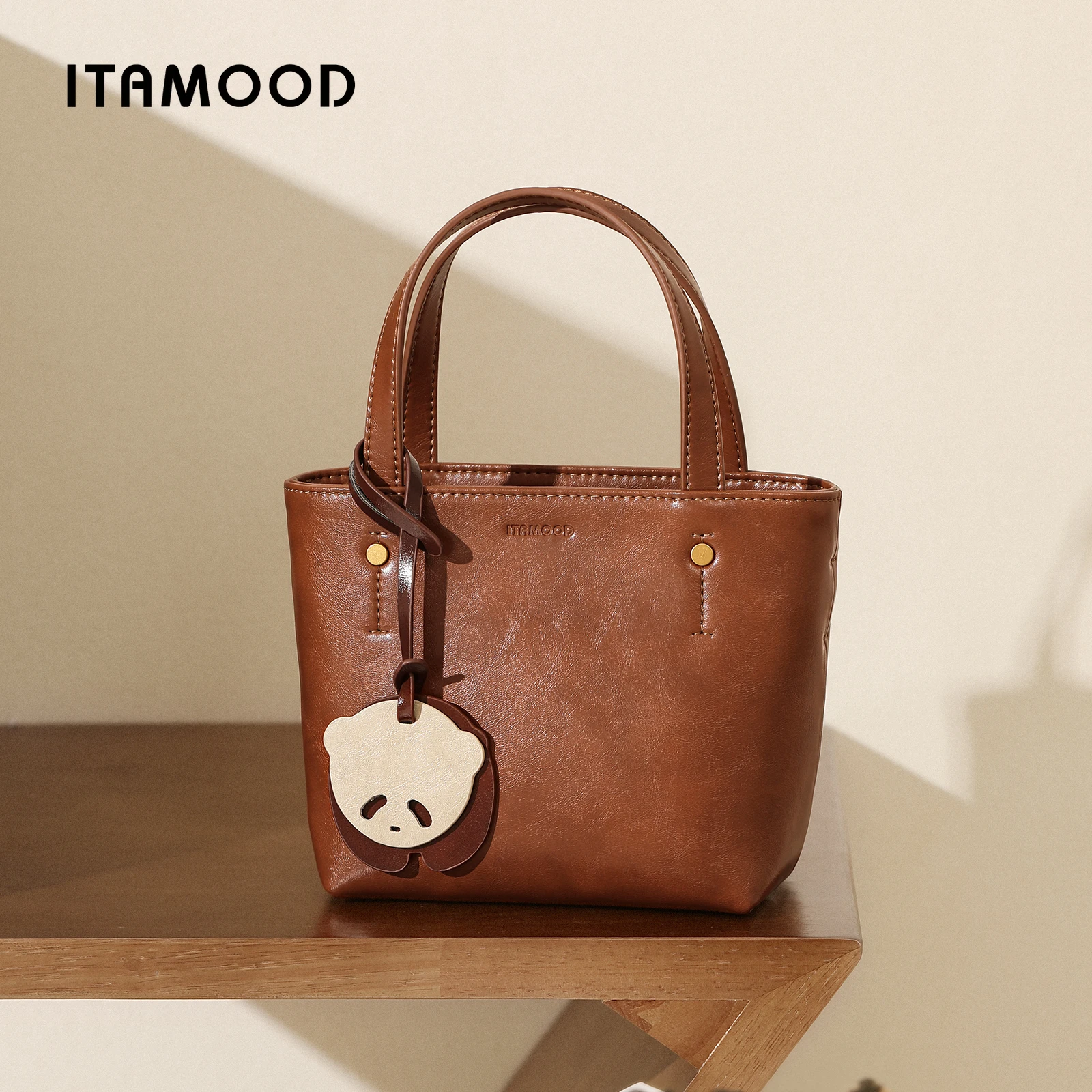 ITAMOOD Panda Pendant Decor Small Tote Bag Genuine Leather Vintage Women's Handbag Original Design Ladies Shoulder Bag