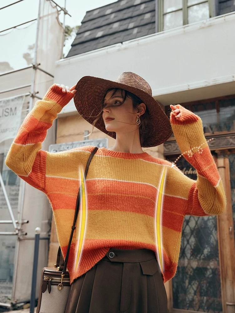 

OLrain Oversize Cozy Pullover Sweater Woman 2025 Autumn Soft Knitwear Ladies Long Sleeve Contrast Striped Knit Tops O23QM66590