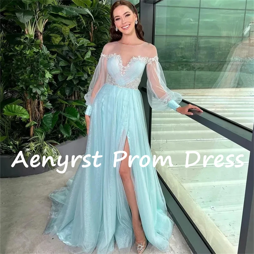 Aenyrst ชุดงานพรอมผ้าทูลแขนยาวหรูหราผ่าข้างคนรักชุดออกงานกลางคืนความยาวพื้นชุดเดรสปาร์ตี้อาหารค่ำ