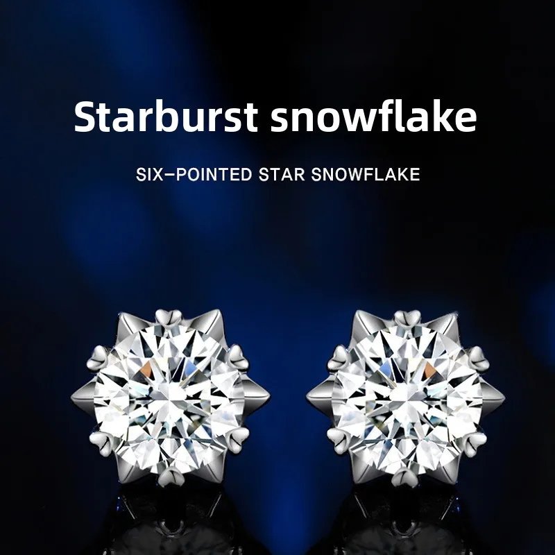 

S925 Rhodium Plated 1CT D Color Moissanite Snowflake Star Earrings for Women - GRA Certified Hypoallergenic Pierced Gift.