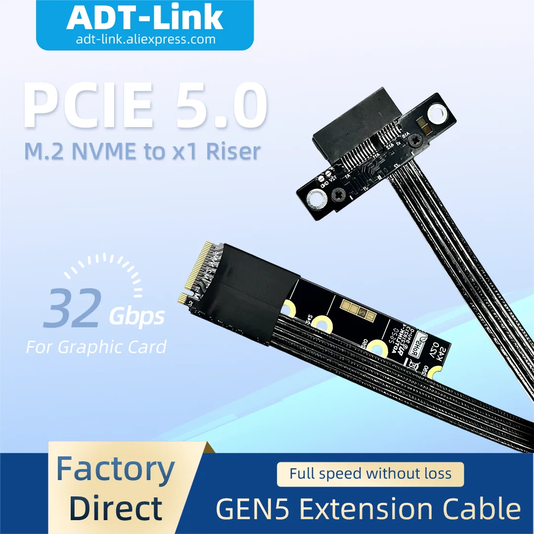 ADT-Link PCIe 5.0 32Gbps M.2 NVMe to  X1 Riser Cable PCIe M.2 Key M Adapter Extension Cable NVMe SSD Extender for Desktop PC