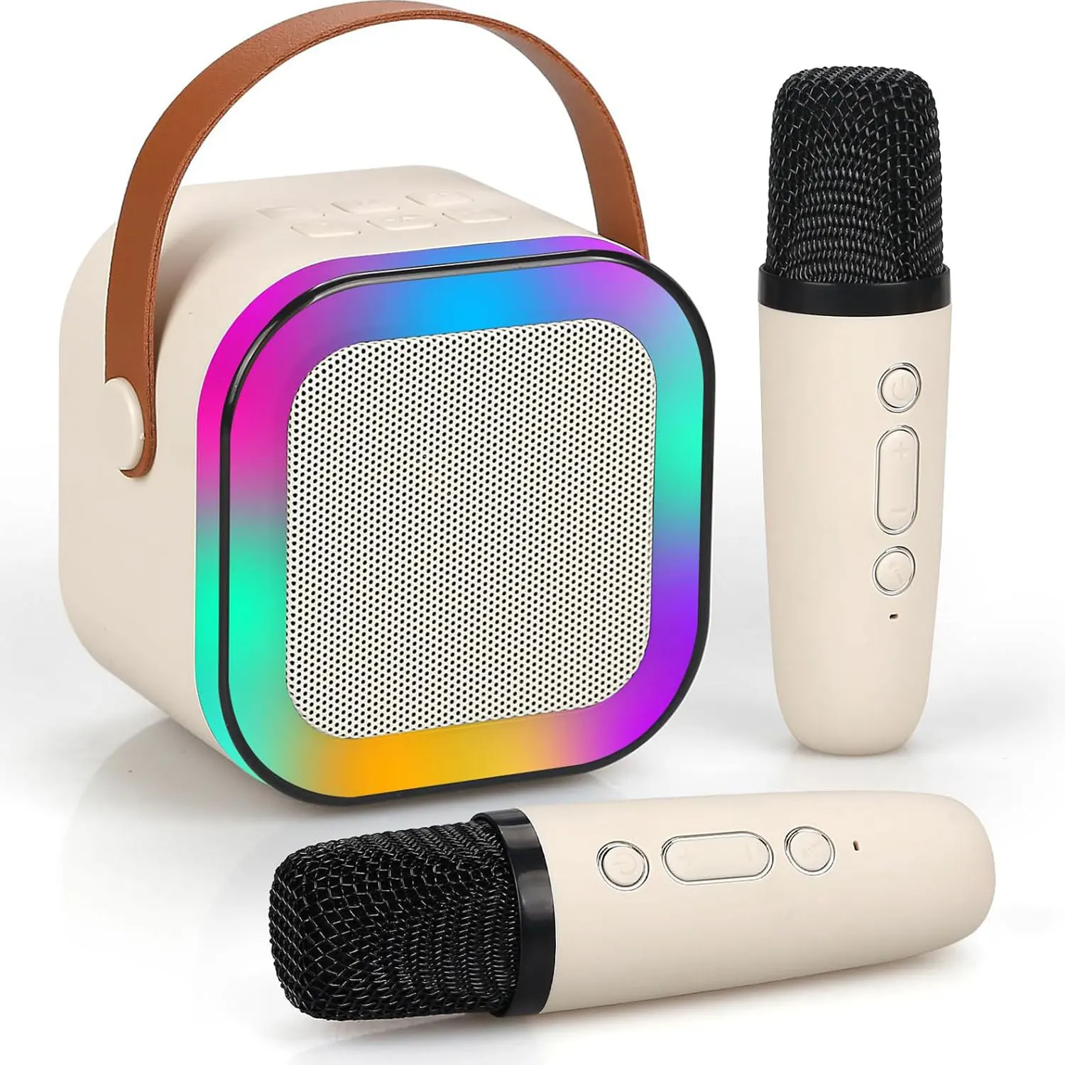 Tragbare Karaoke-Maschine, Bluetooth-Lautsprecher mit 2 kabellosen Mikrofonen, RGB-LED-Licht, Lautsprecher für Partys zu Hause, Handheld-KTV-Geschenk