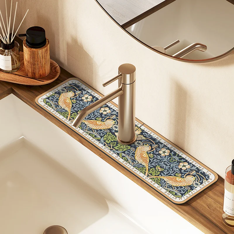 VIKAMA Retro Flower Faucet Absorbent Pad Quick drying Sink Anti splash Protective Surface Anti drip Pad Home Decoration