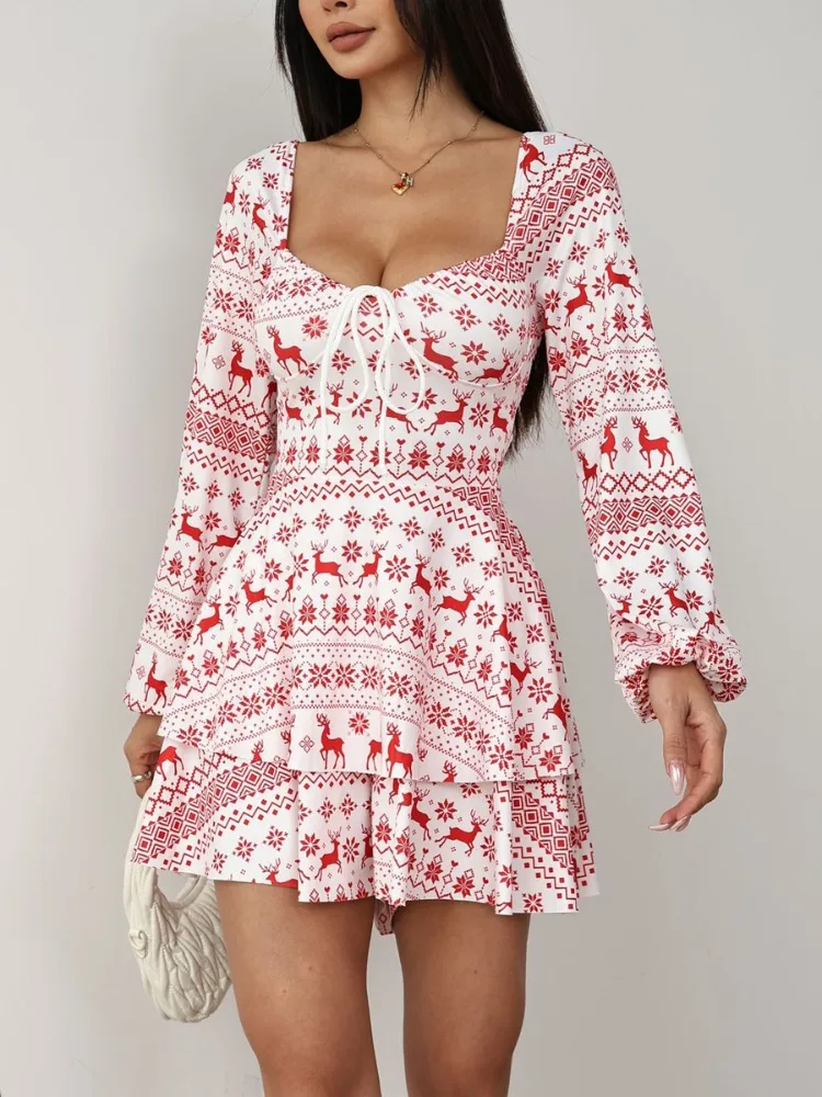 Uoozee – barboteuse imprimée de renne de noël pour femmes, rouge et blanc, manches longues, col carré, dos nu, cordon de serrage, à volants à plusieurs niveaux