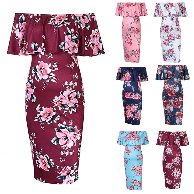 

Maternity Floral Short-Sleeved Dress Women's Floral Off Shoulder Dress Pregnant Women Maternity Dress Summer Pregnancy