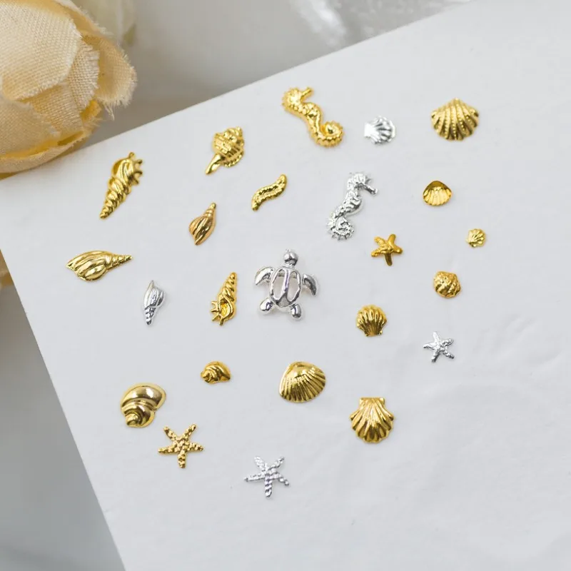 500pcs léto designs dráp umění kov plátky hřeby multi-shapes shell/starfish/seahorse gold/silver dráp dekorace