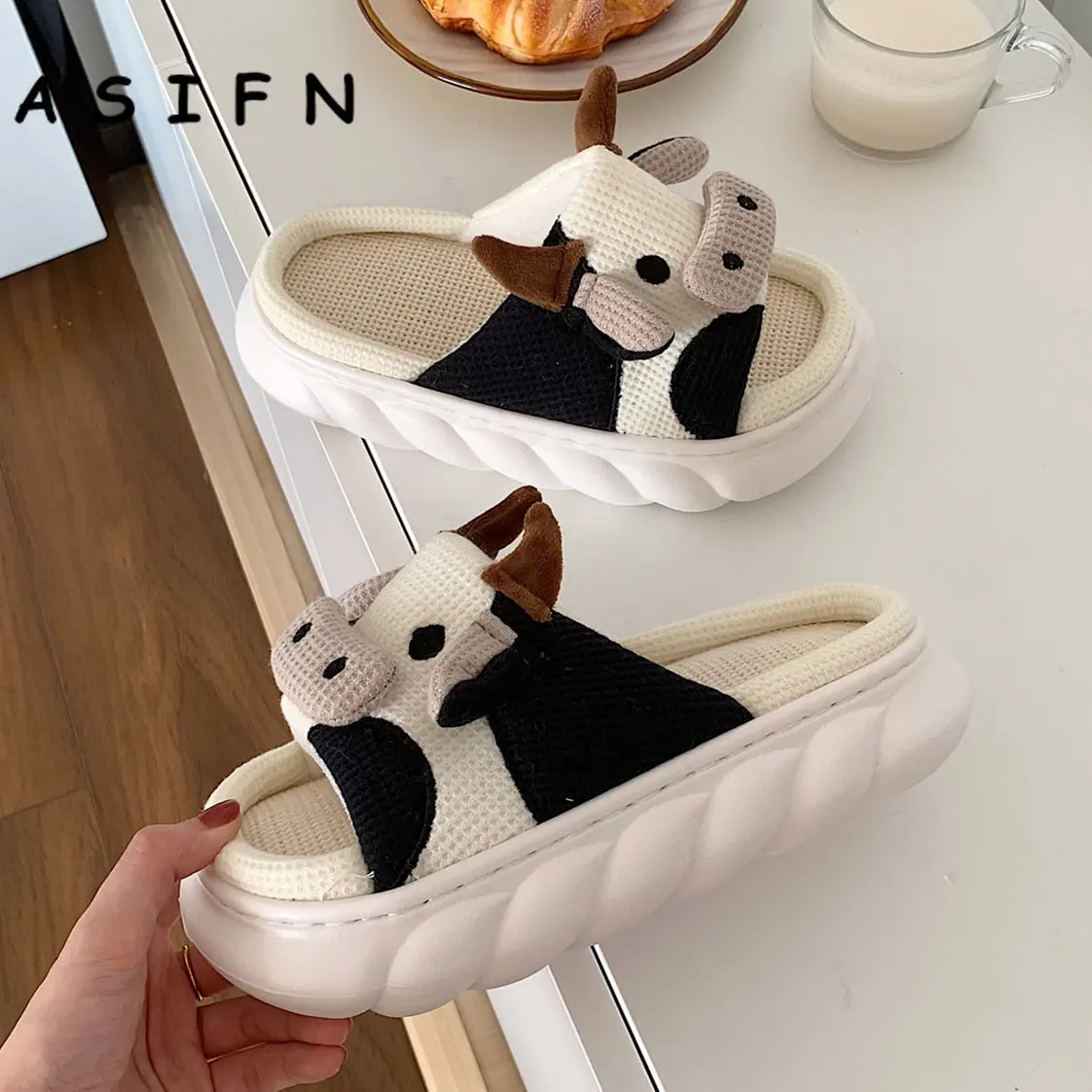 ASIFN Girls Milk Cow Cushion Slippers Women Home Slides Fluffy Winter Warm Cartoon House Cute Funny Shoes Zapatos De Mujer