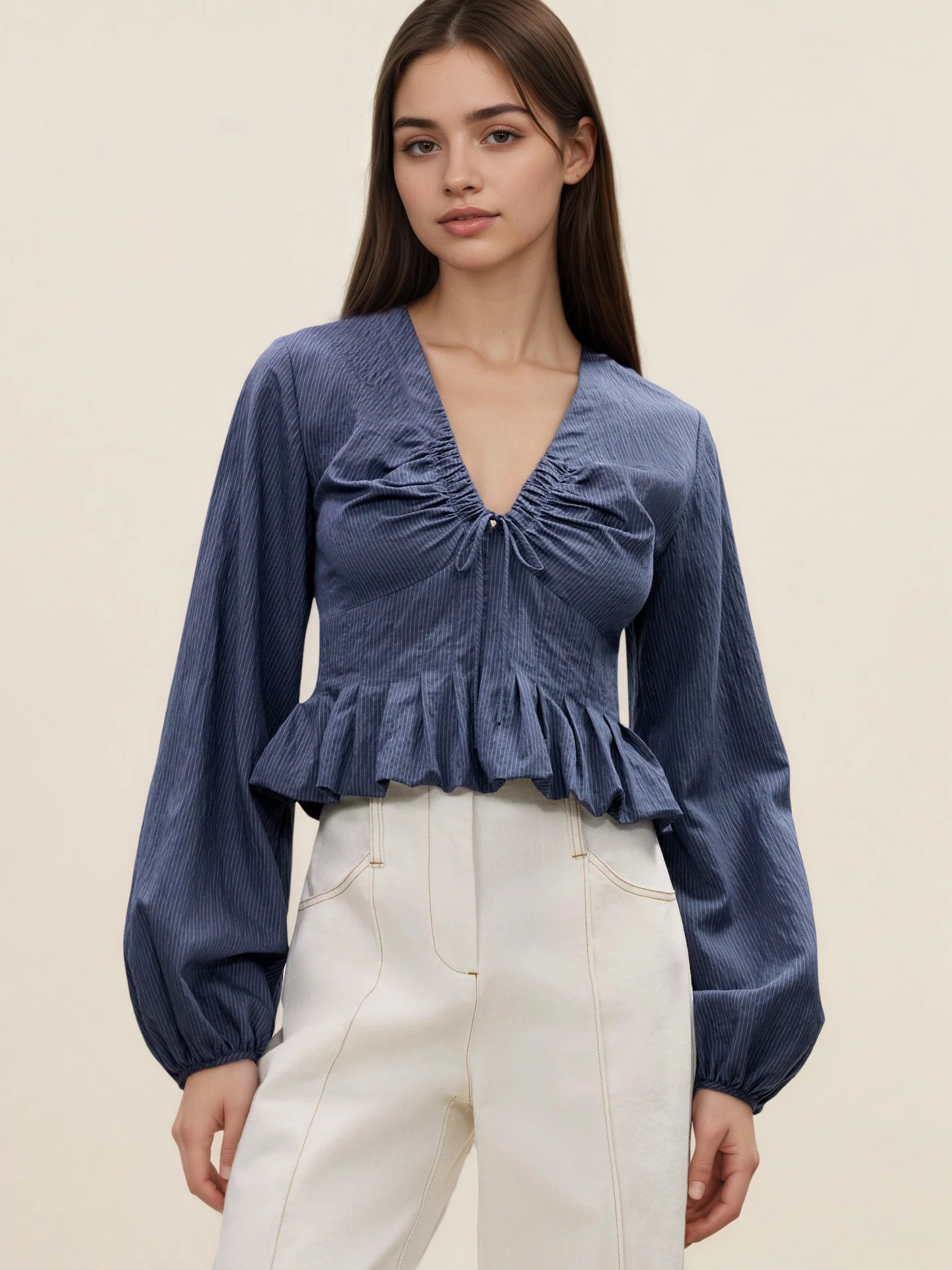 

Faionable Повседневный цветной плиссированный сексуальный длинный топ с v-образным вырезом и рюшами Vne, женский топ премиум-класса из полиэстера