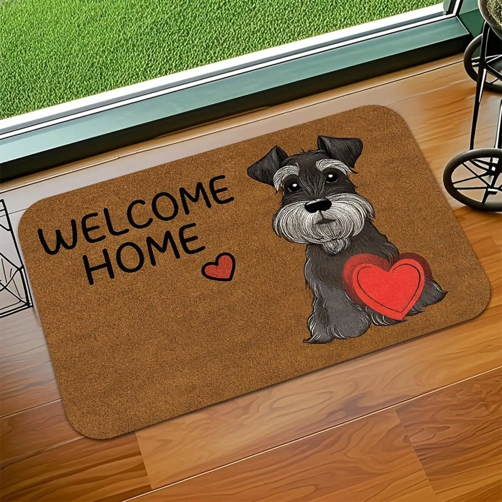 A Cute Schnauzer, Brown Heart Welcome Doormat, Printed Welcome Mat Carpet, Suitable For Indoor, Outdoor, Entrance, Front Door, Entrance, Bedroom, Balcony