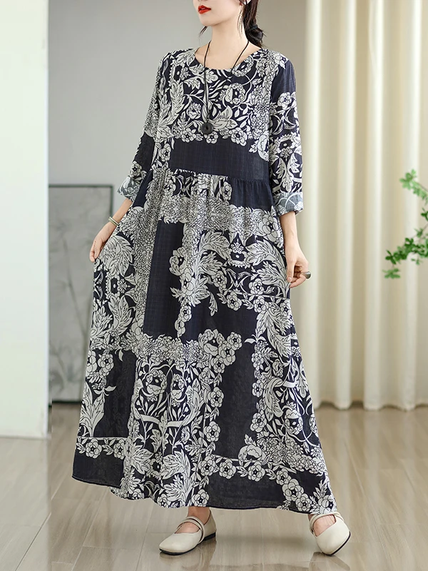 เสื้อผ้าผู้หญิงไซส์ใหญ่ ผ้าฝ้ายลินินพิมพ์ลายเรโทร ทรงเอ แขนยาว คอกลม สวมใส่สบาย เหมาะสำหรับฤดูใบไม้ผลิและฤดูใบไม้ร่วง