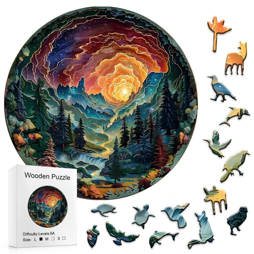 Sunset Forest Puzzle - Unikalne drewniane puzzle, odpowiednie na rodzinne wieczory gier, idealne na Boże Narodzenie, Halloween, prezenty urodzinowe