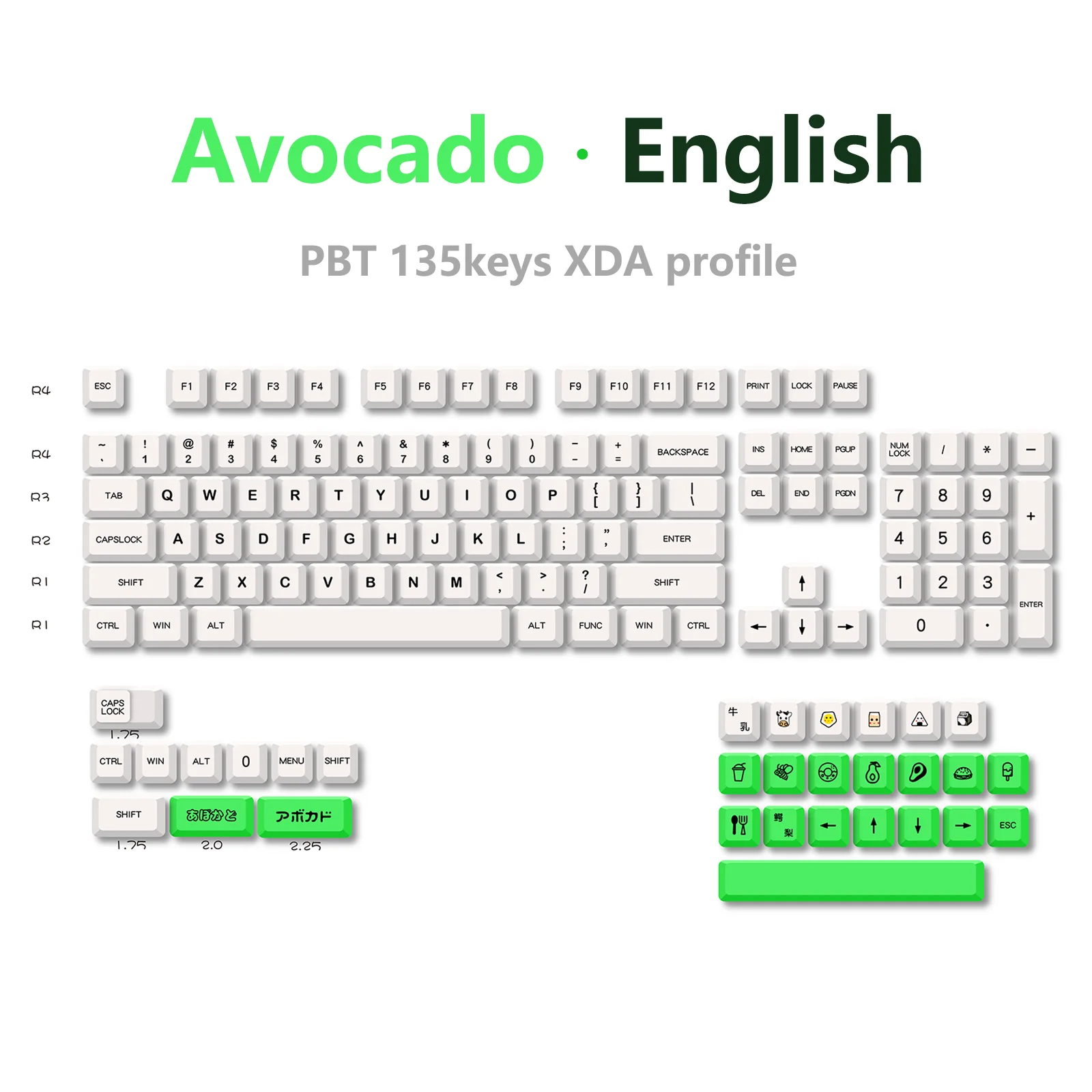 KeysLand-Teclado mecánico XDA, teclas de perfil PBT, aguacate, Inglés Japonés, 135 teclas para Cherry mx, Kit de bricolaje para juegos personalizado