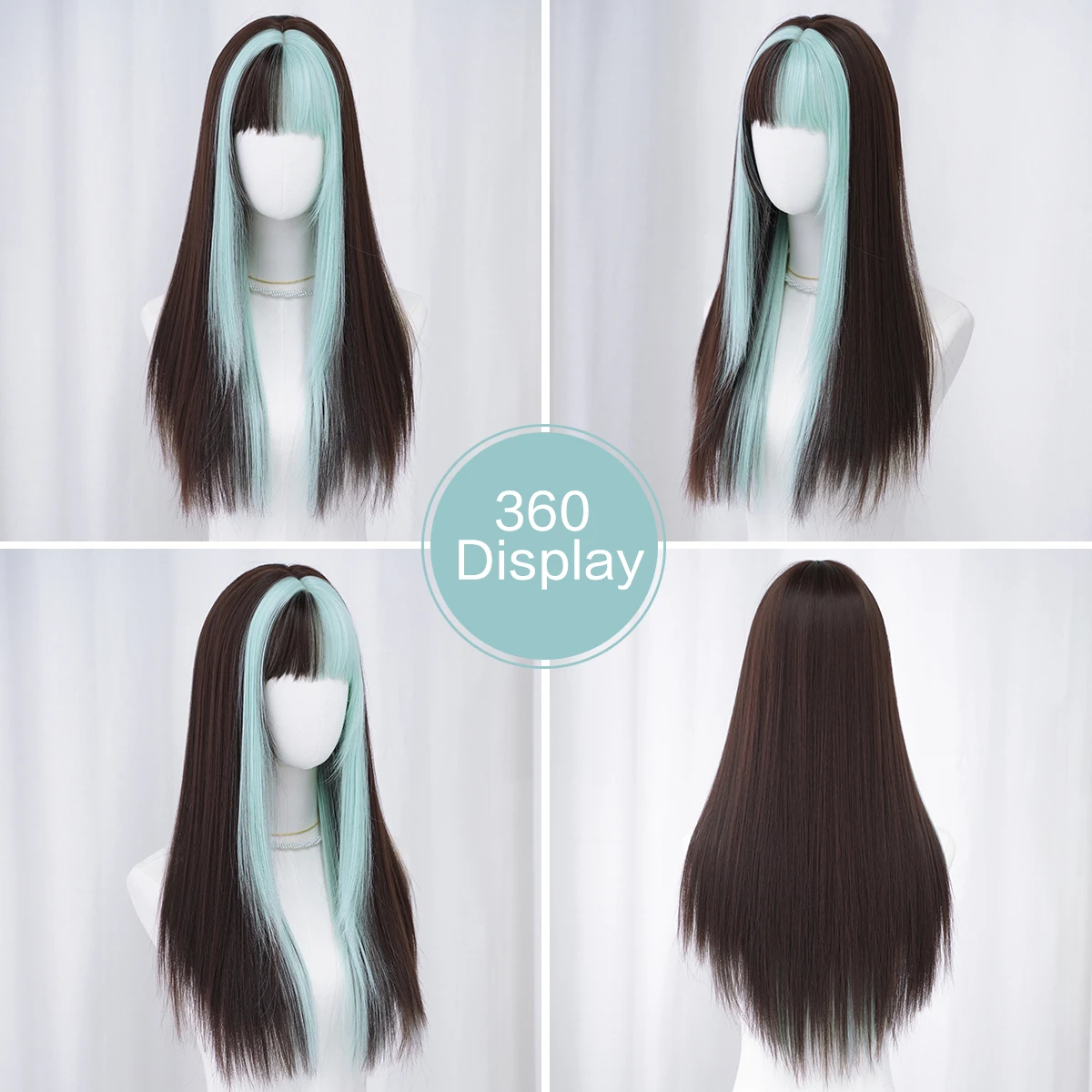 Long Straight Mocha Brown Wig for Women Synthetic Heat-Resistant Modest Fashion Wear and Go ombre Green Wigs with Neat Bangs - view 5