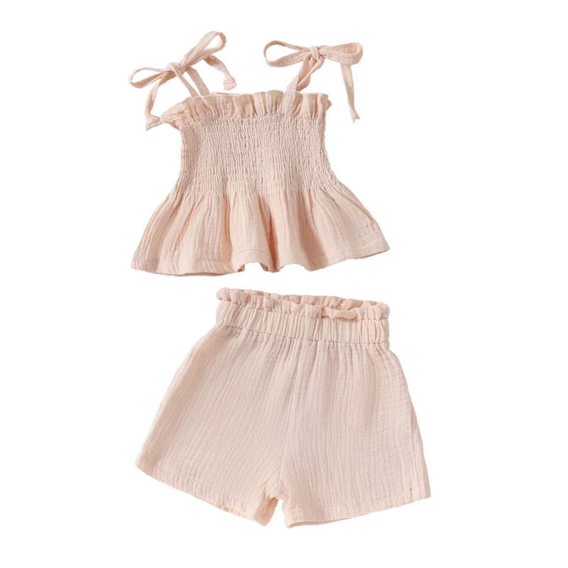 Summer Kids Girls Baby Sling Top+Straight-Leg Pant 2-Piece Sets Solid Color Cute Flounce Princess Casual Clothes Suit 1-3 Years