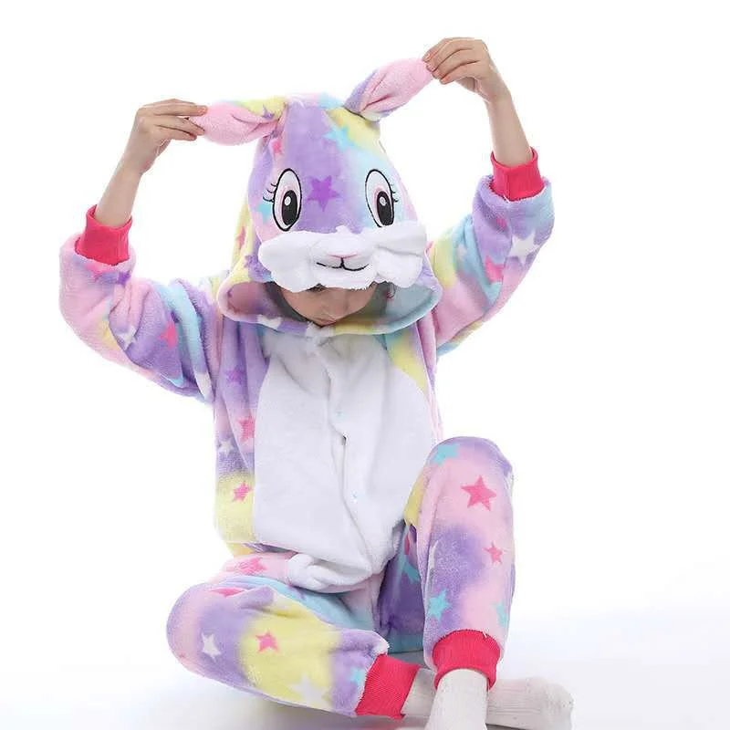 

Star Rabbit Cartoon Pajamas Parent-child Clothing Kigurumi Nightwear One-piece Pajamas Women Loungewear Couple Hooded Nightgown