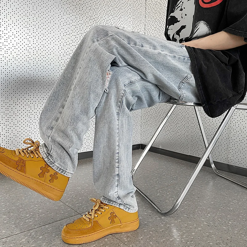 Denim Ripped Jeans Ruined Knee Hole Men\'s Straight Casual Pants Light Blue Tide High Street Old Retro Wide Leg Dropship Pants