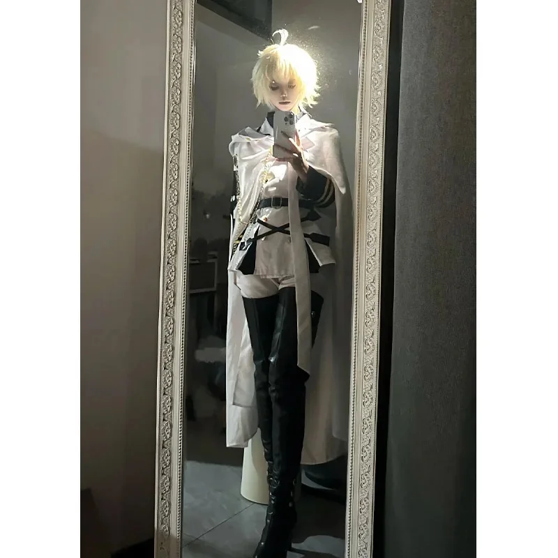 kmn2 Anime Seraph of The End Mikaela Hyakuya Cosplay Costume White Uniform Cloak Wig Halloween Party Cos for Men p;,l2 view 5
