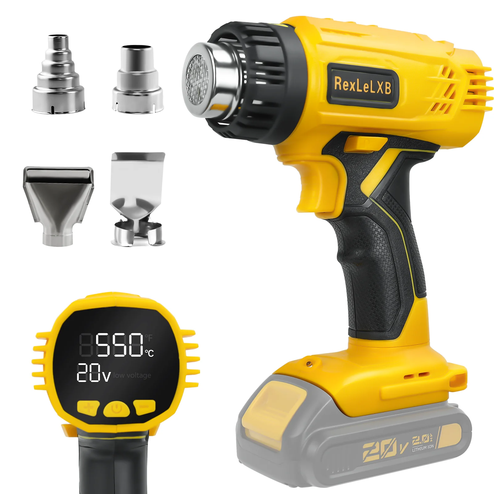 400W Cordless Heat Gun 50-550℃ Fast Heating Hot Air Gun with LCD Digital Display for Dewalt 20v Battery (No Battery)