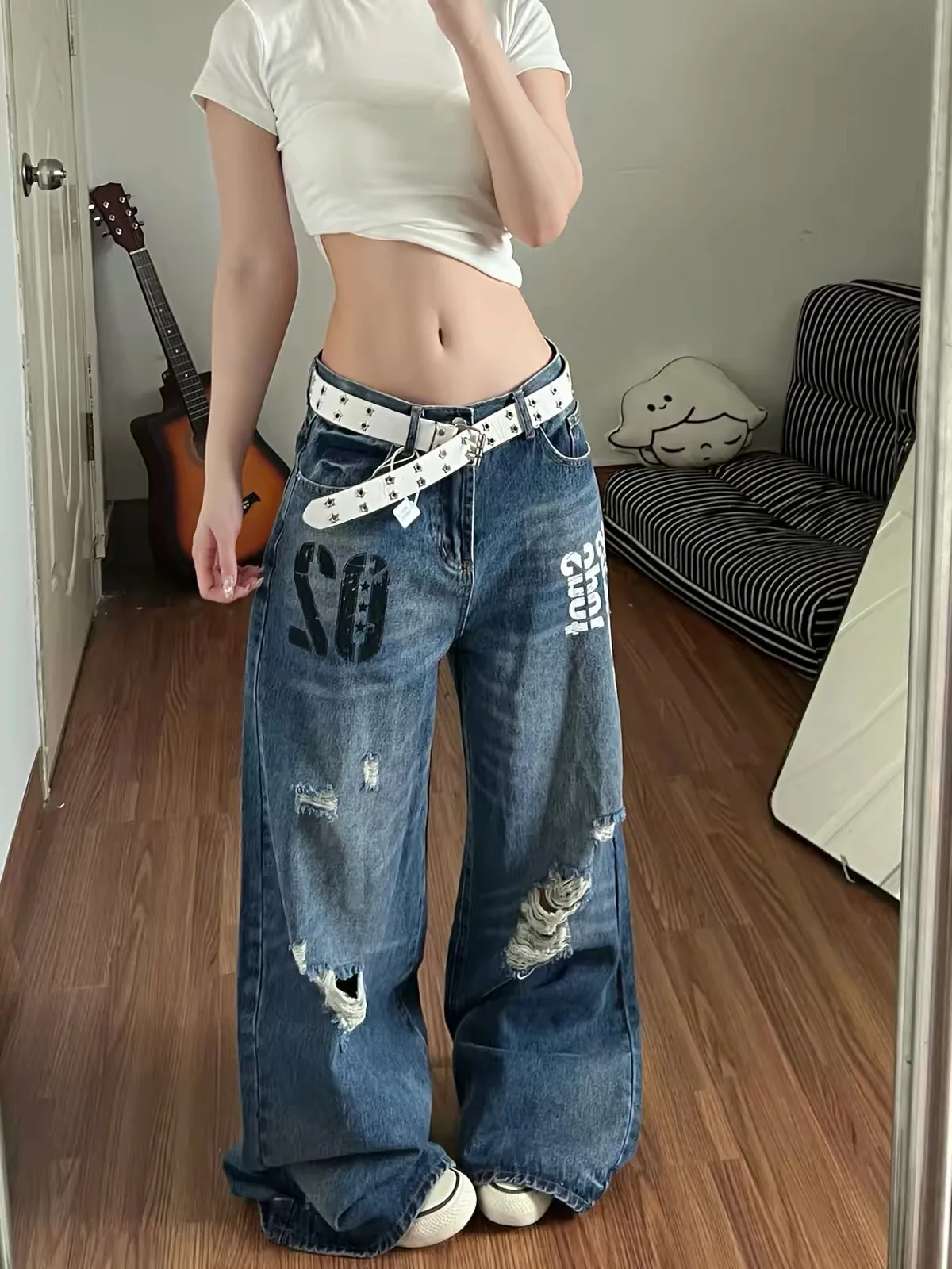 Loose Wide Leg Jeans Women's Pear Shape Body Slimming Torn Casual Floor-Length Pants American Style High Waist Denim Fabric