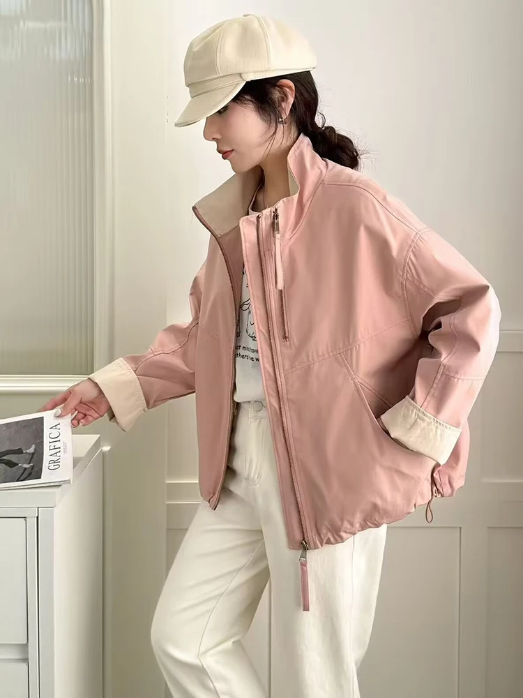 Mode coréenne solide vacances vêtements de travail manteau court femmes à manches longues élégant ample Double fermeture éclair vestes hauts automne hiver décontracté