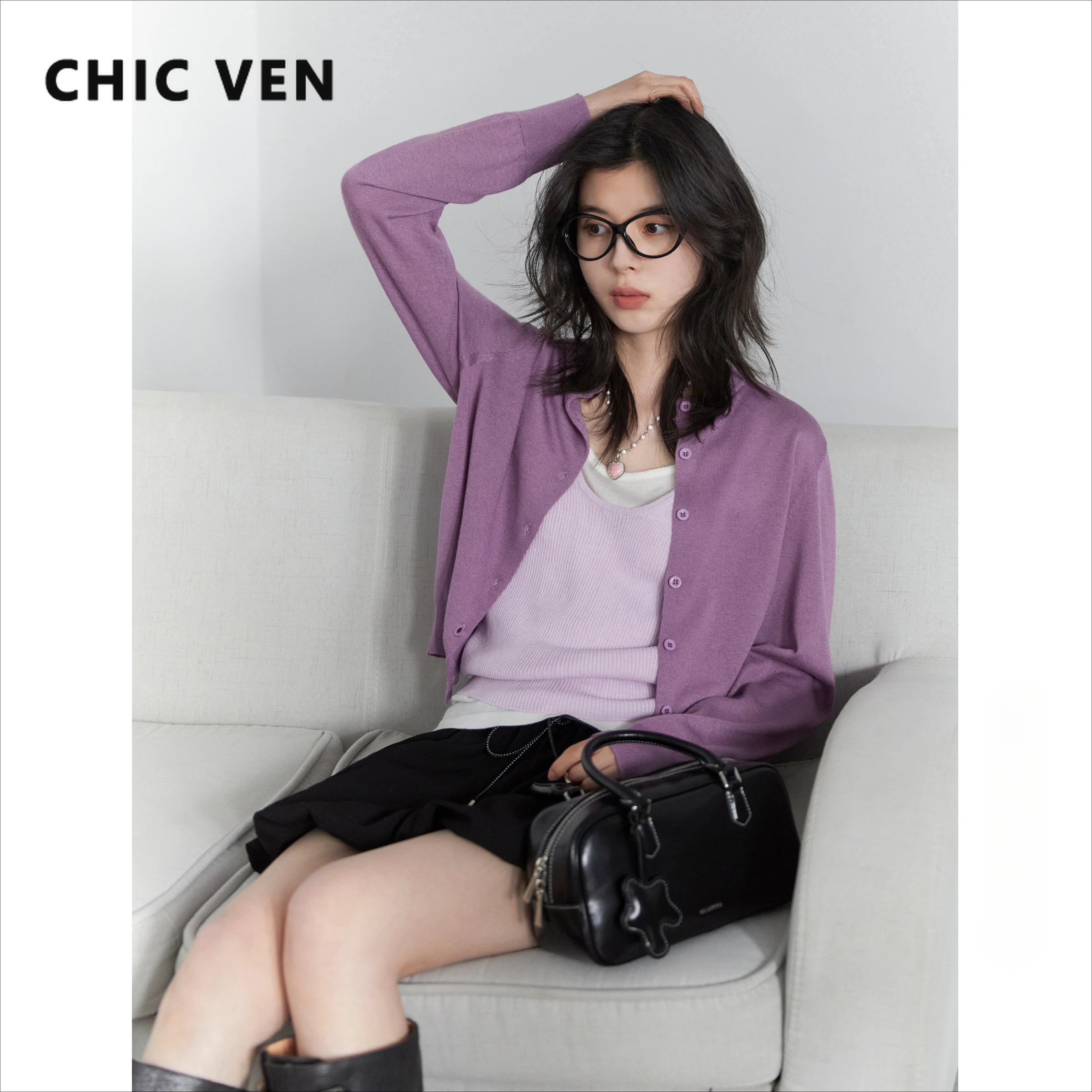 

CHIC VEN Women Cardigans Loose Casual Slim Contrast Color Knitted Vest Camisole and Cardigan Three Piece Set Spring Summer 2025