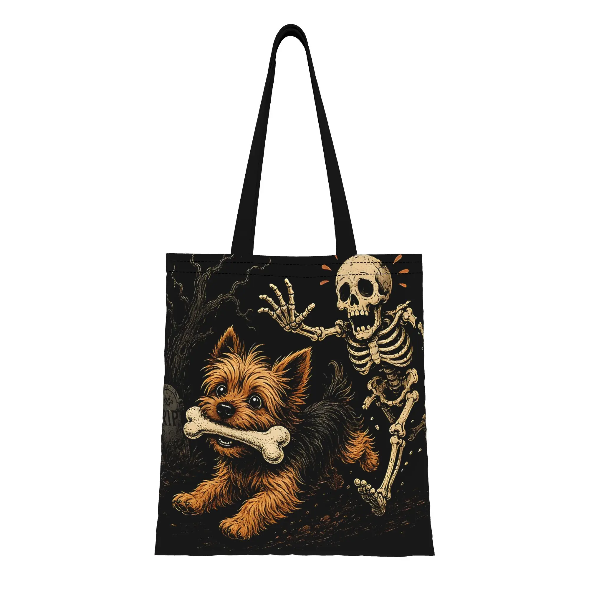 Yorkie Skeleton And Halloween canvas tote bag,  urban style for daily shopping and casual outings